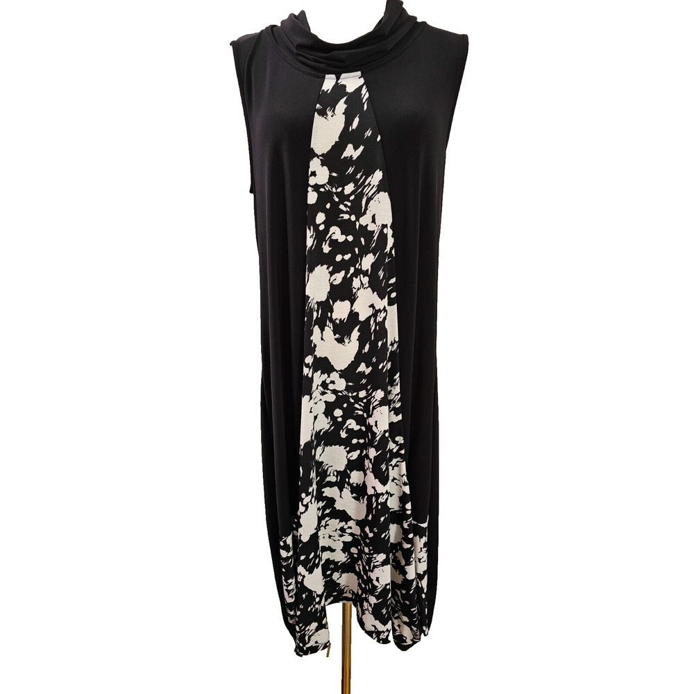 Sleeveless Black Midi Dress with Abstract White Panel
